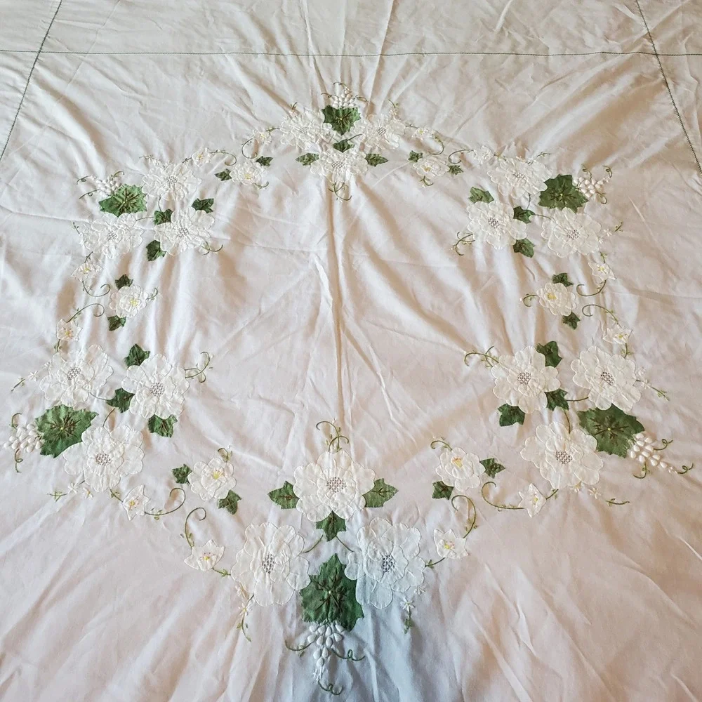Vintage Hand Embroidered Floral Applique White Cotton Tablecloth 86